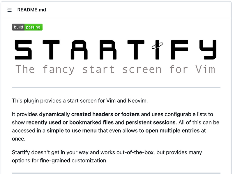 A screenshot of the vim-startify github page